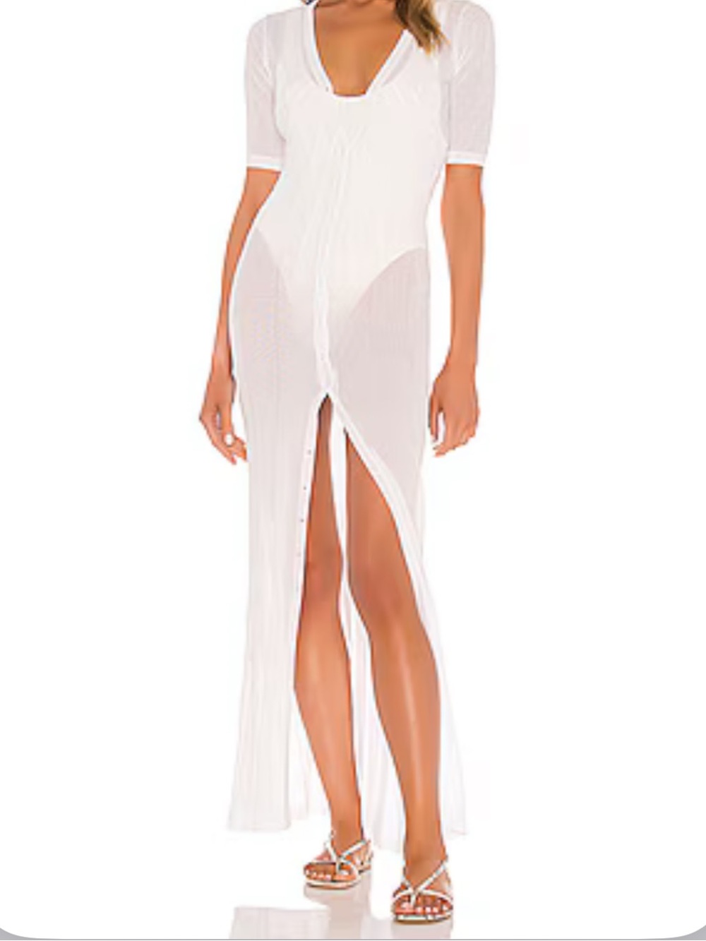 Super down White Sheer Button-Front Maxi Cover-Up Dress